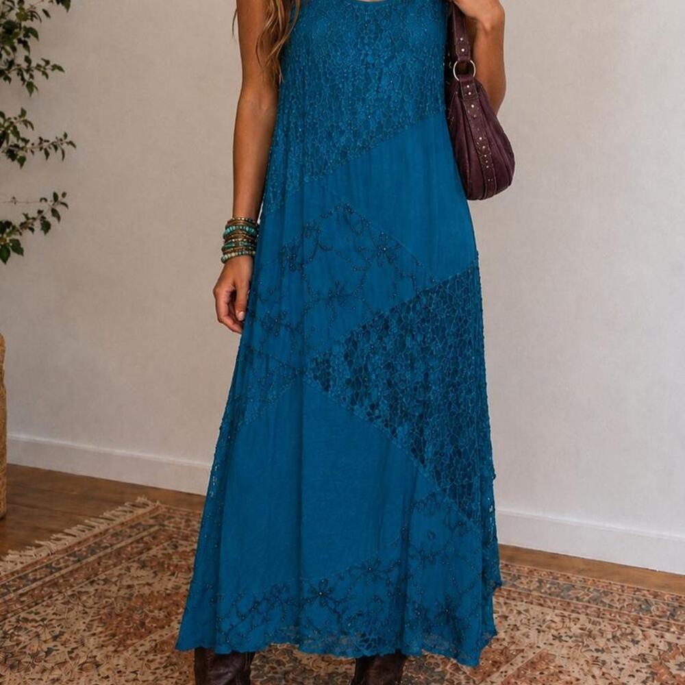 Y2K Majic Teal Boho Patchwork Lace Beaded Rayon Maxi Dress Fairycore Lagenlook